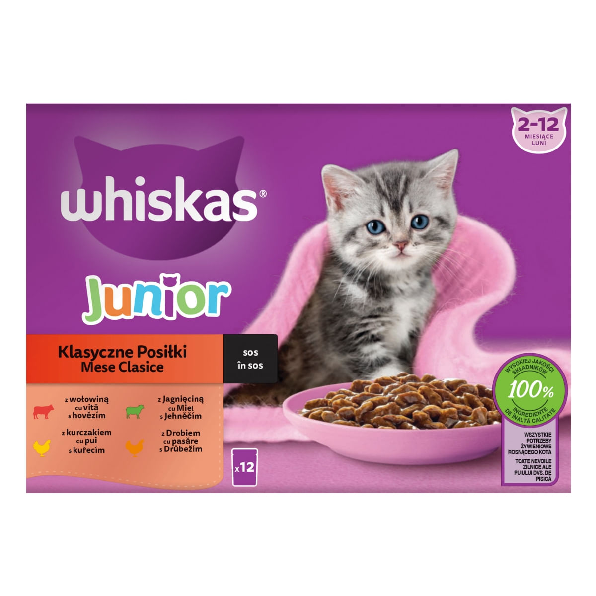 WHISKAS Junior Selectii Clasice, Miel, Vită, Pui și Pasăre, plic hrană umedă pisici, (în sos), multipack, 85g x 12 - poza 2