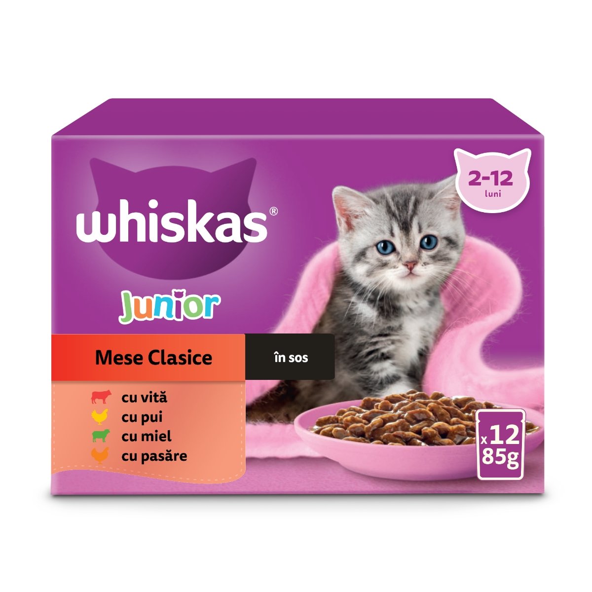 WHISKAS Junior Selectii Clasice, Miel, Vită, Pui și Pasăre, plic hrană umedă pisici, (în sos), multipack, 85g x 12 - poza 3