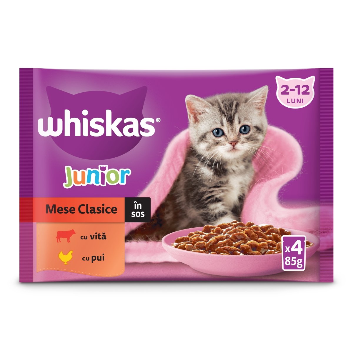 WHISKAS Junior Selectii Clasice, Vită și Pui, plic hrană umedă pisici junior, (în aspic), multipack, 85g x 4 - poza 1