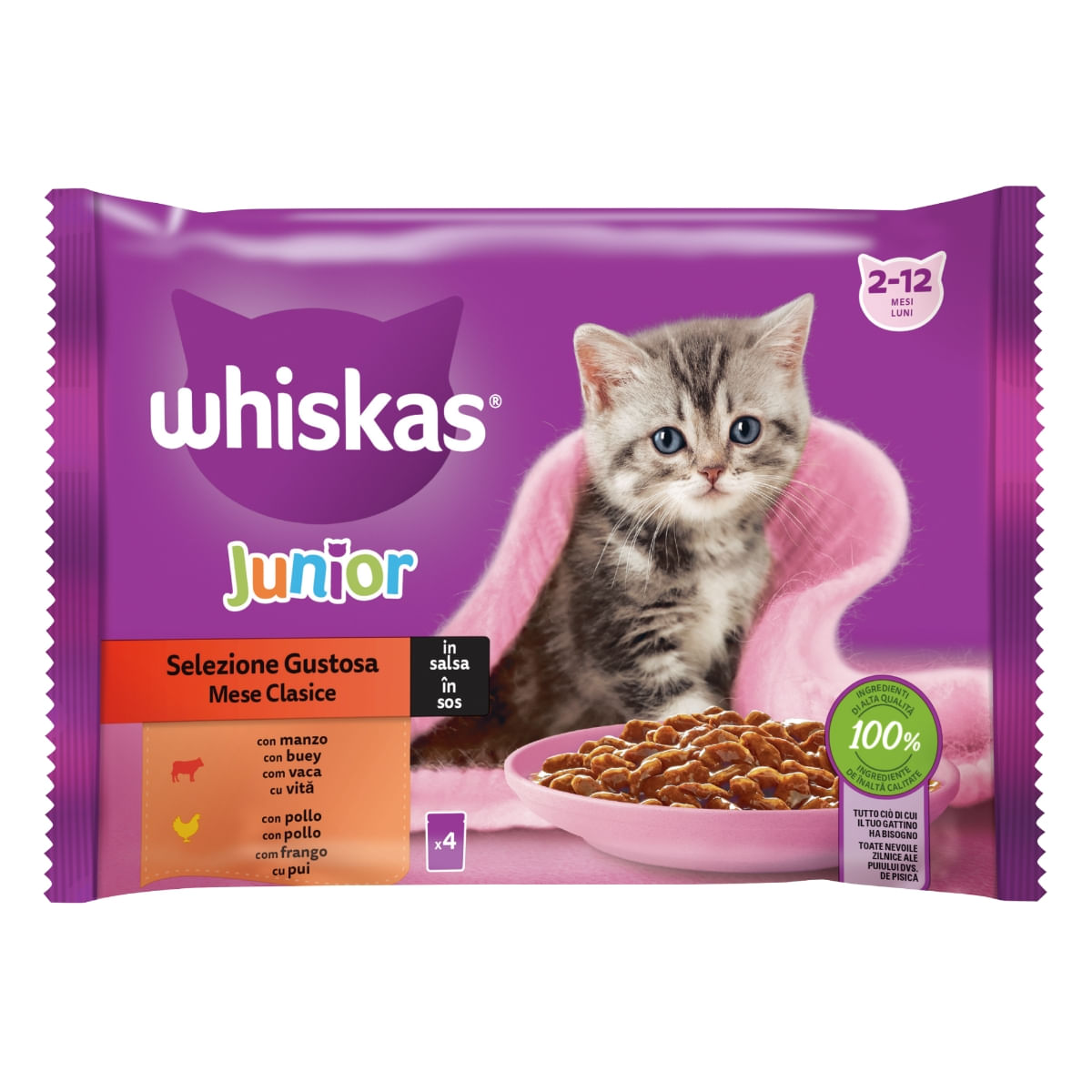 WHISKAS Junior Selectii Clasice, Vită și Pui, plic hrană umedă pisici junior, (în aspic), multipack, 85g x 4 - poza 4