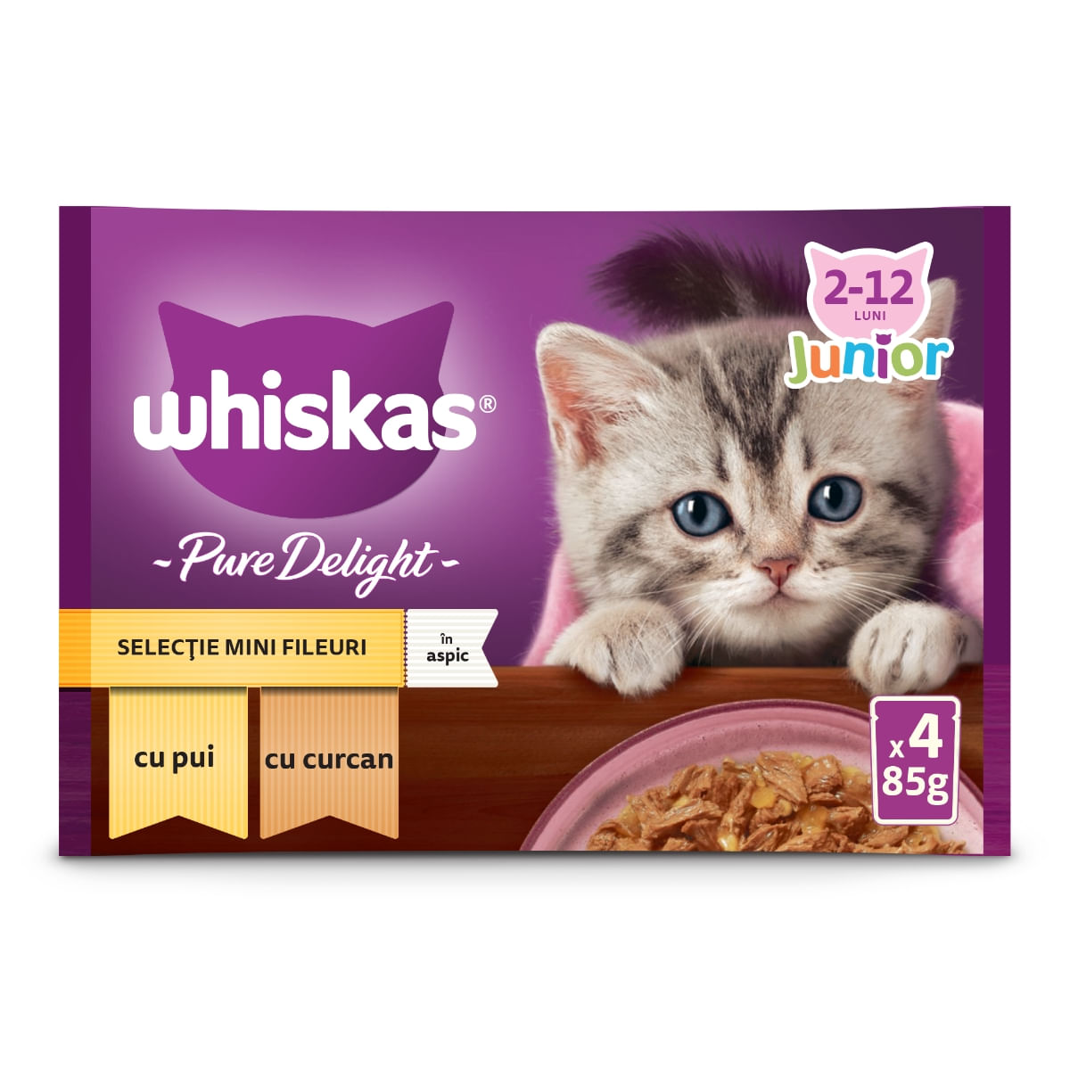 WHISKAS Pure Delight Junior Selectii Pasăre, Pui și Curcan, plic hrană umedă pisici junior, (în aspic), multipack, 85g x 4 - poza 1