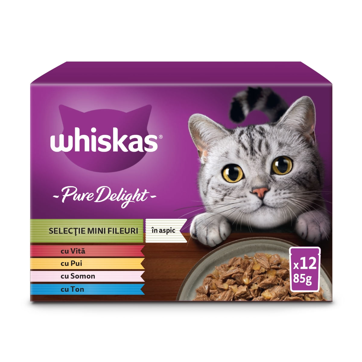 WHISKAS Pure Delight Mixed Selection, Vită, Pui, Somon și Ton, plic hrană umedă pisici, (în aspic), multipack, 85g x 12 - poza 1