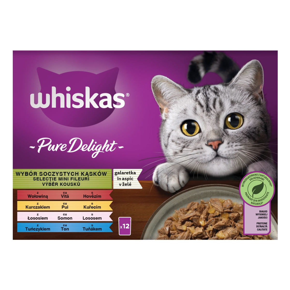 WHISKAS Pure Delight Mixed Selection, Vită, Pui, Somon și Ton, plic hrană umedă pisici, (în aspic), multipack, 85g x 12 - poza 3
