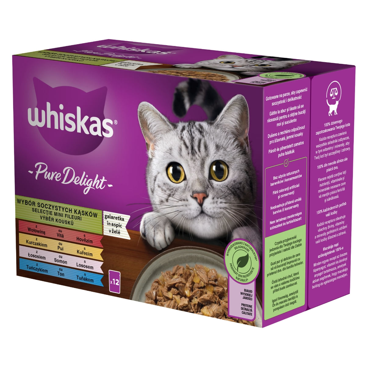 WHISKAS Pure Delight Mixed Selection, Vită, Pui, Somon și Ton, plic hrană umedă pisici, (în aspic), multipack, 85g x 12 - poza 4