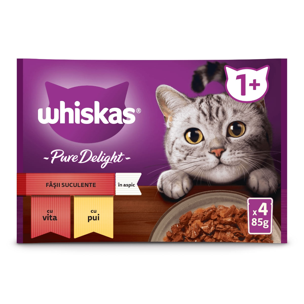 WHISKAS Pure Delight Selectii Clasice, Vită și Pui, plic hrană umedă pisici, (în aspic), multipack, 85g x 4 - poza 2