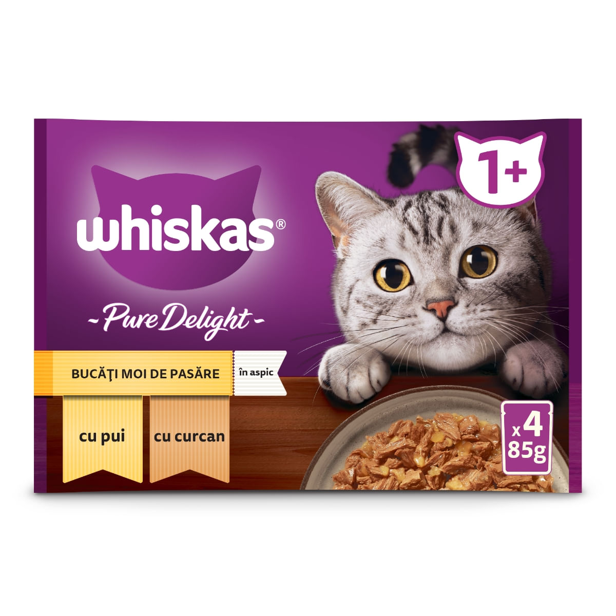 WHISKAS Pure Delight Selectii Pasăre, Pui și Curcan, plic hrană umedă pisici, (în aspic), multipack, 85g x 4 - poza 5
