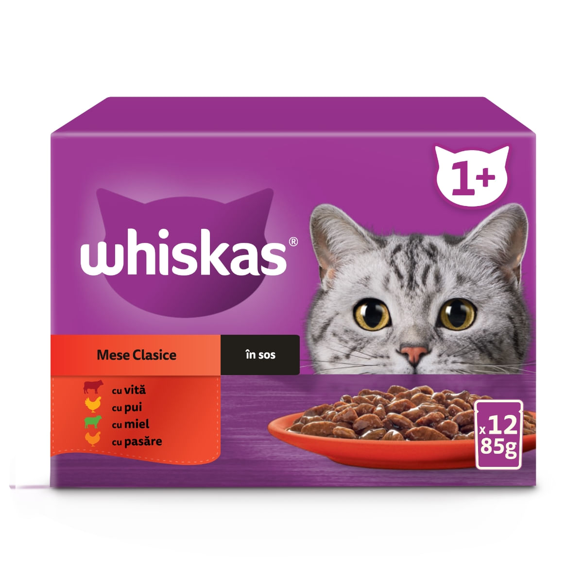 WHISKAS Selectii Clasice, Miel, Vită, Pui și Pasăre, hrană umedă pisici, (în sos), multipack WHISKAS Selectii Clasice, Miel, Vită, Pui și Pasăre, plic hrană umedă pisici, (în sos), multipack, 85g x 12 - poza 2