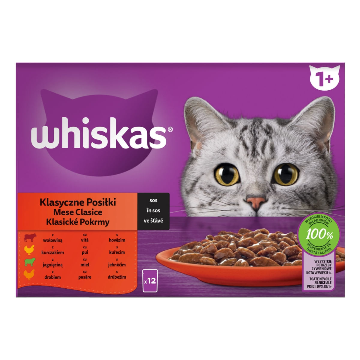 WHISKAS Selectii Clasice, Miel, Vită, Pui și Pasăre, hrană umedă pisici, (în sos), multipack WHISKAS Selectii Clasice, Miel, Vită, Pui și Pasăre, plic hrană umedă pisici, (în sos), multipack, 85g x 12 - poza 5