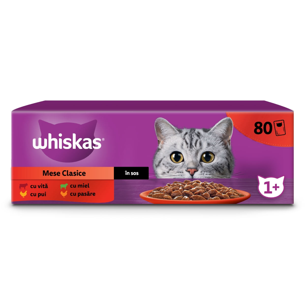 WHISKAS Selectii Clasice, Miel, Vită, Pui și Pasăre, hrană umedă pisici, (în sos), multipack WHISKAS Selectii Clasice, Miel, Vită, Pui și Pasăre, plic hrană umedă pisici, (în sos), multipack, 85g x 80 - poza 3