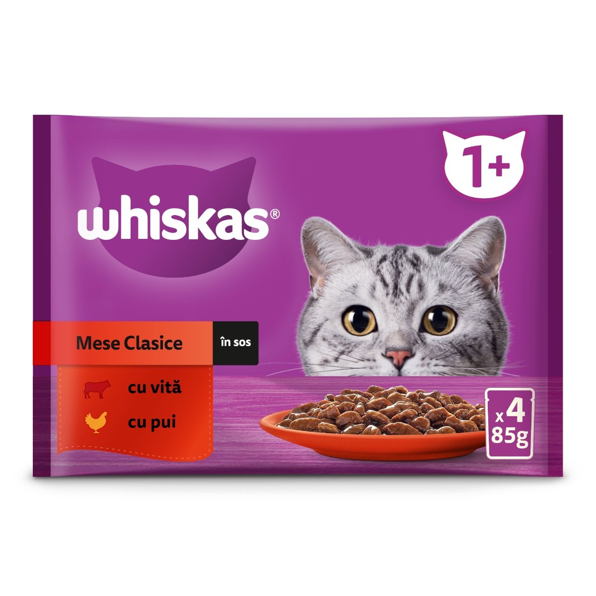 WHISKAS Selectii Clasice, Vită și Pui, plic hrană umedă pisici, (în aspic), multipack, 85g x 4 WHISKAS Selectii Clasice, Vită și Pui, plic hrană umedă pisici, (în sos), multipack, 85g x 4 - poza 1