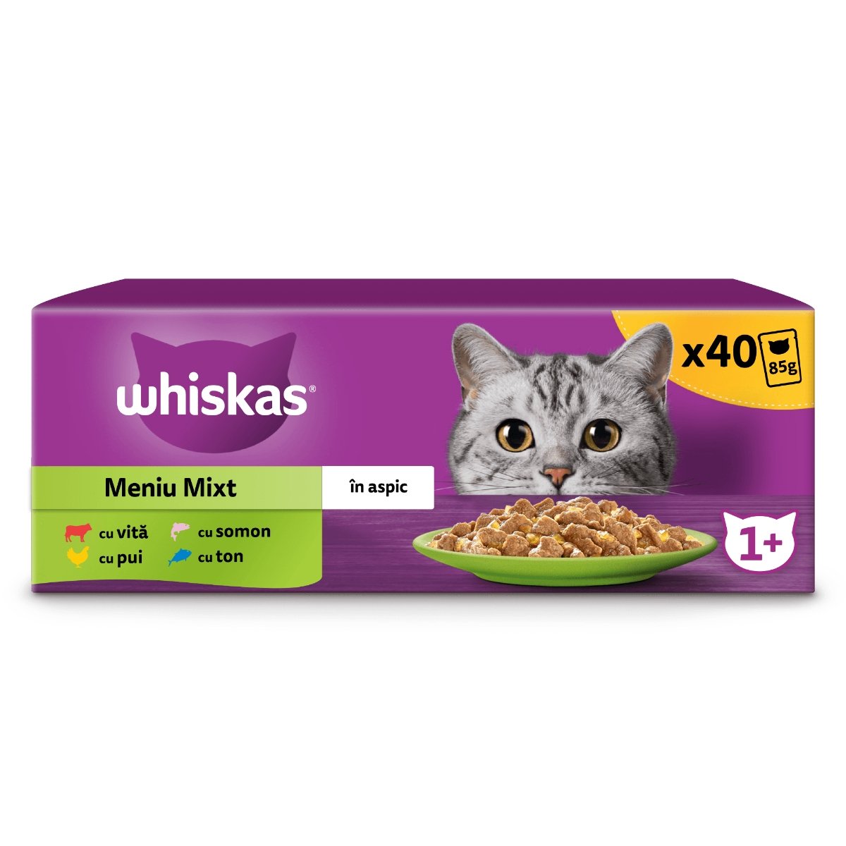 WHISKAS Selectii Mixte, Vită, Pui, Somon și Ton, hrană umedă pisici, (în aspic), multipack WHISKAS Selectii Mixte, Vită, Pui, Somon și Ton, plic hrană umedă pisici, (în aspic), multipack, 85g x 40 - poza 2