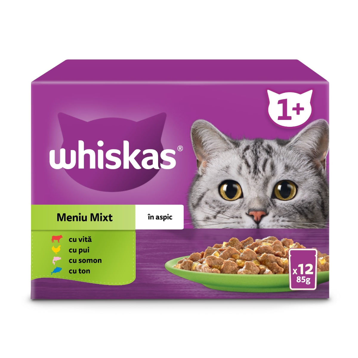 WHISKAS Selectii Mixte, Vită, Pui, Somon și Ton, hrană umedă pisici, (în aspic), multipack WHISKAS Selectii Mixte, Vită, Pui, Somon și Ton, plic hrană umedă pisici, (în aspic), multipack, 85g x 12 - poza 1
