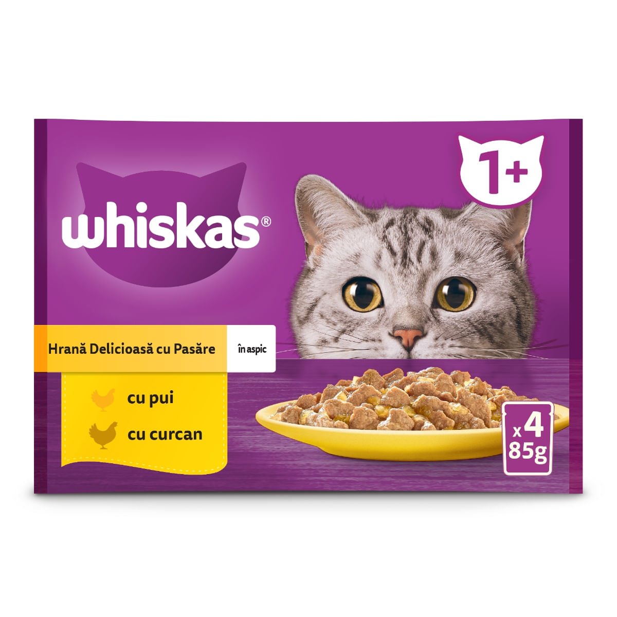 WHISKAS Selectii Pasăre, Pui și Curcan, plic hrană umedă pisici, (în aspic), multipack, 85g x 4 - poza 1