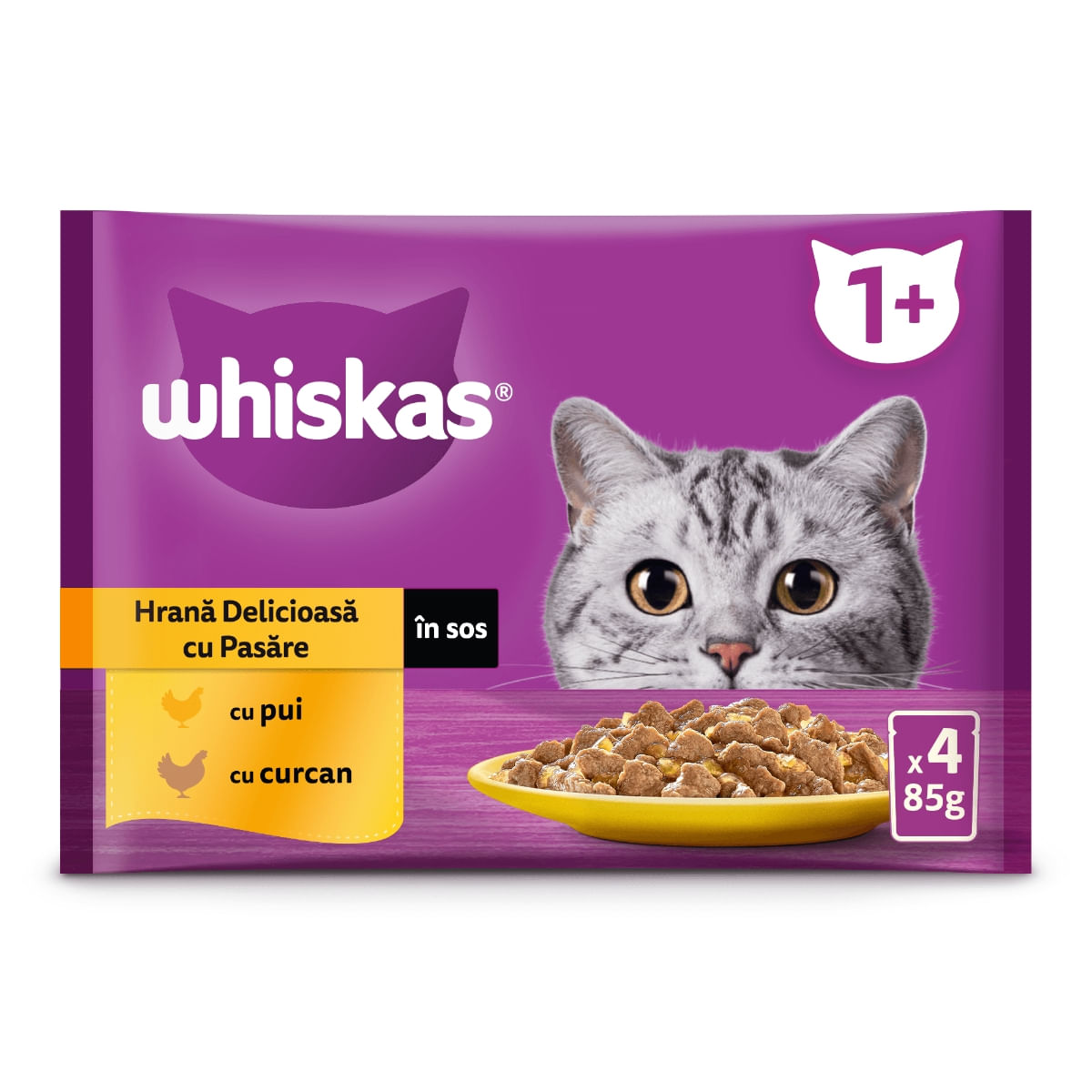 WHISKAS Selectii Pasăre, Pui și Curcan, plic hrană umedă pisici, (în sos), multipack, 85g x 4 - poza 1