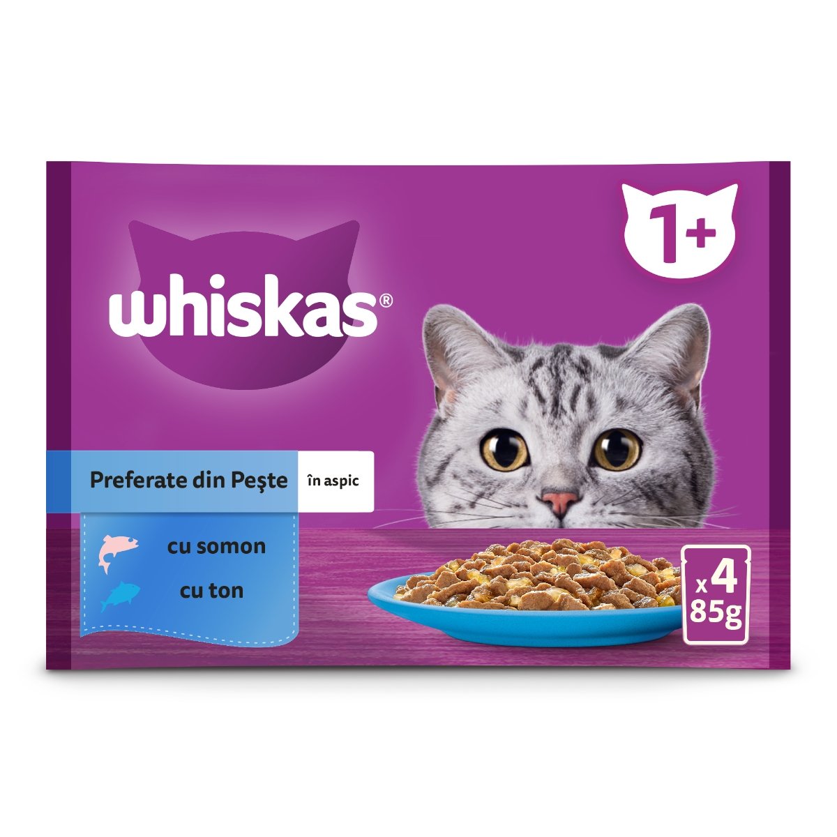 WHISKAS Selectii Pește, Somon și Ton, plic hrană umedă pisici, (în aspic), multipack, 85g x 4 - poza 1