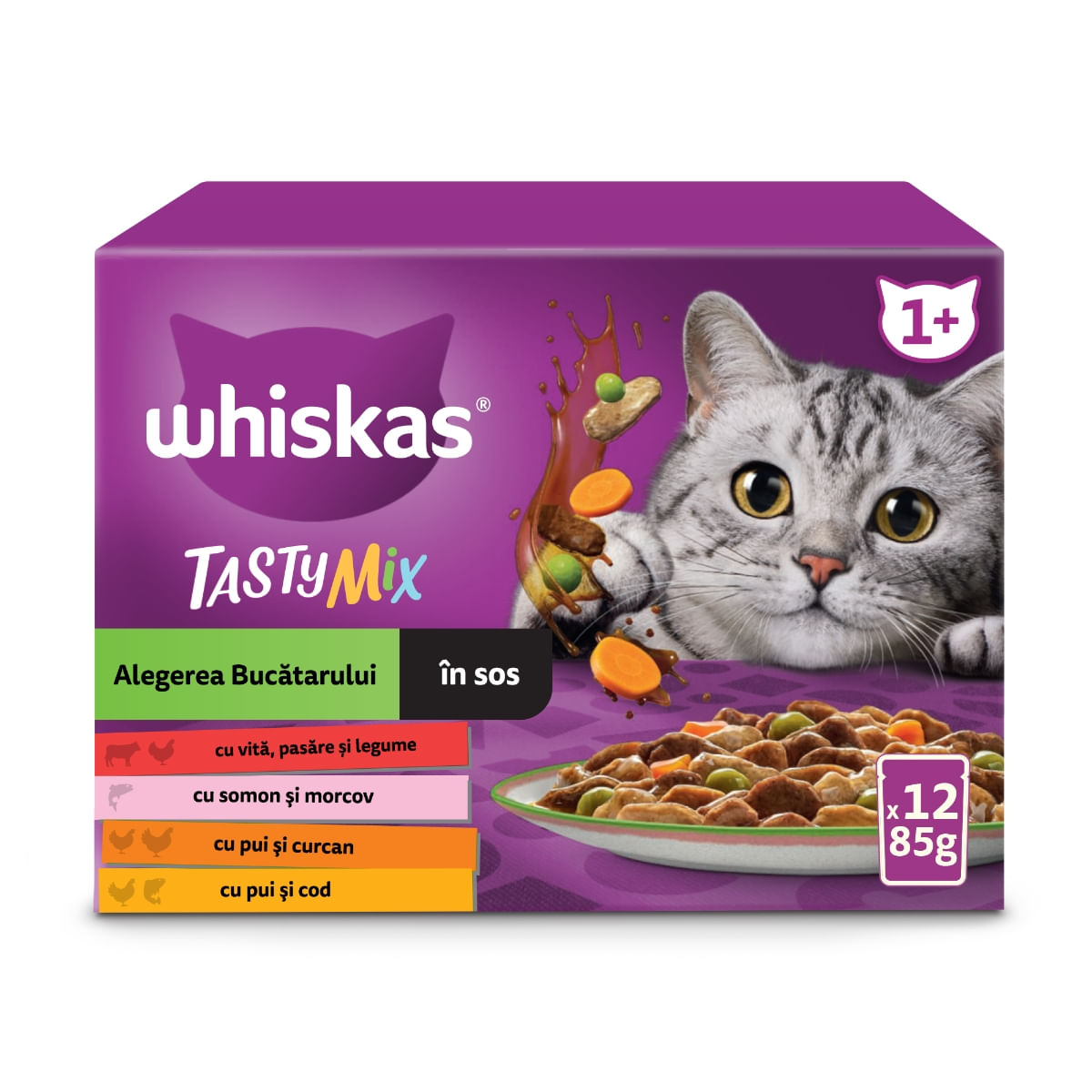 WHISKAS Tasty Mix Chef's Choice, Somon, Vită, Pui și Pasăre, Pui și Curcan, Pui și Cod, plic hrană umedă pisici, (în sos), multipack, 85g x 12 - poza 1