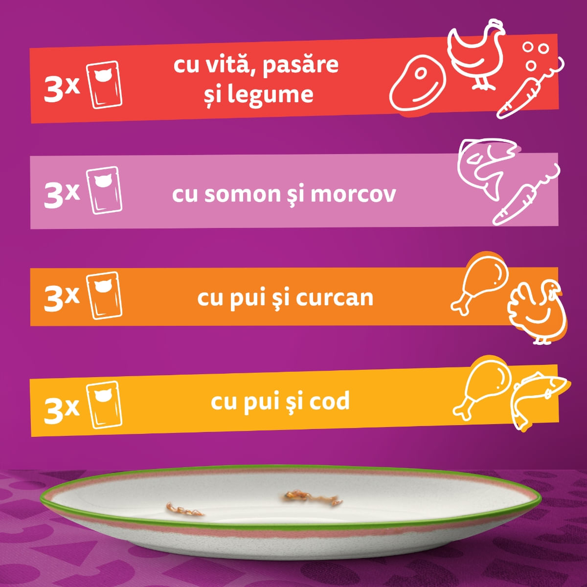WHISKAS Tasty Mix Chef's Choice, Somon, Vită, Pui și Pasăre, Pui și Curcan, Pui și Cod, plic hrană umedă pisici, (în sos), multipack, 85g x 12 - poza 2