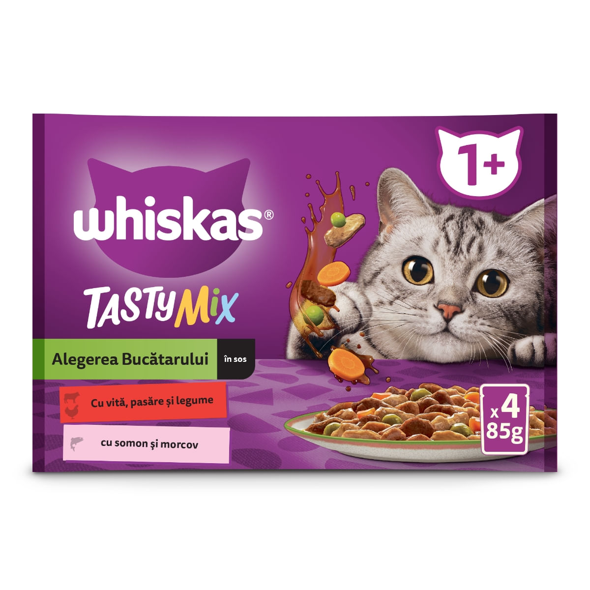WHISKAS Tasty Mix Chef's Choice, Somon, Vită și Pasăre, plic hrană umedă pisici, (în sos), multipack, 85g x 4 WHISKAS Tasty Mix Chef's Choice, Somon, Vită și Pasăre, plic hrană umedă pisici, (în sos), bax, 85g x 12buc - poza 1