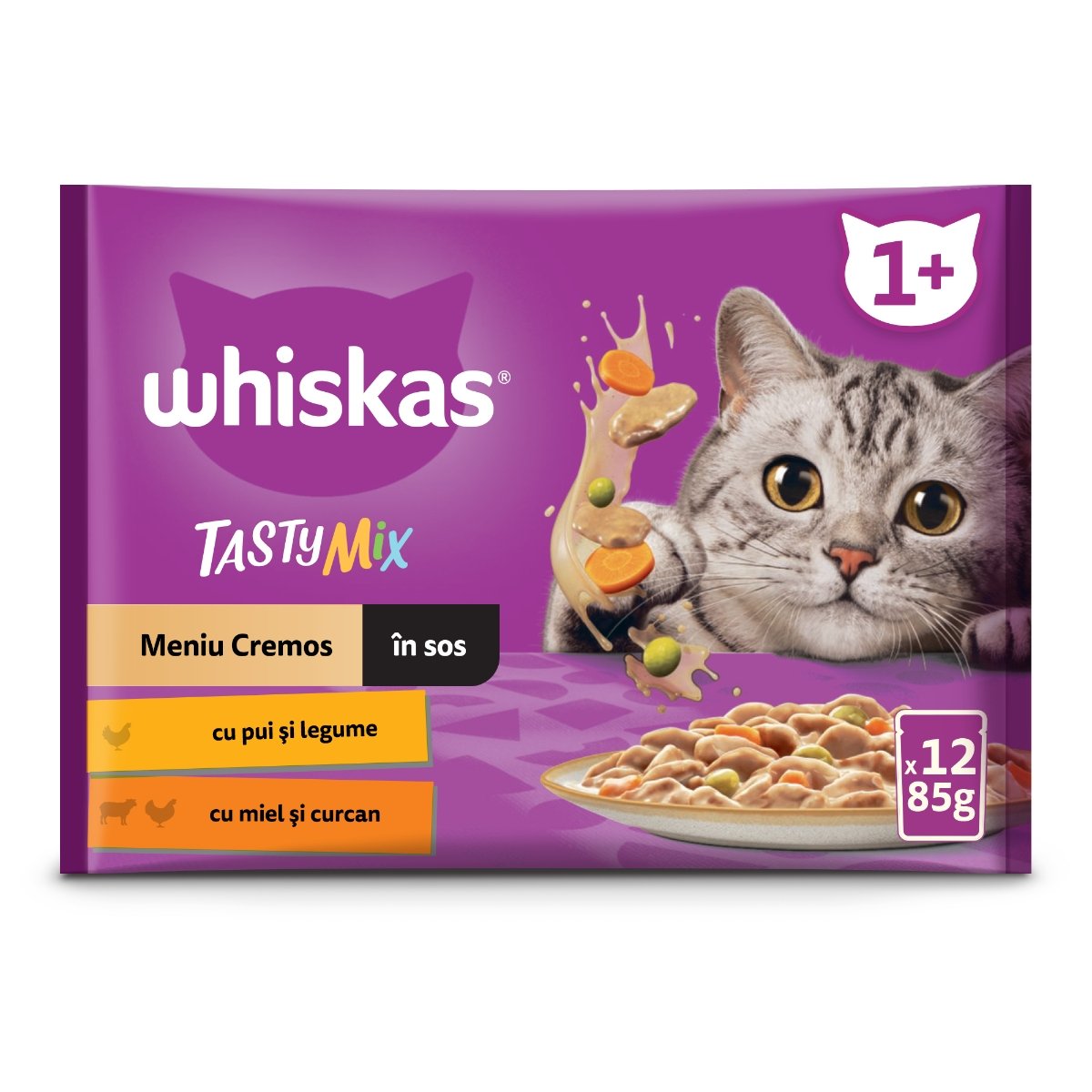 WHISKAS Tasty Mix Creamy Creations, Pui și Legume, Miel și Curcan, plic hrană umedă pisici, (în sos), multipack, 85g x 12 - poza 1