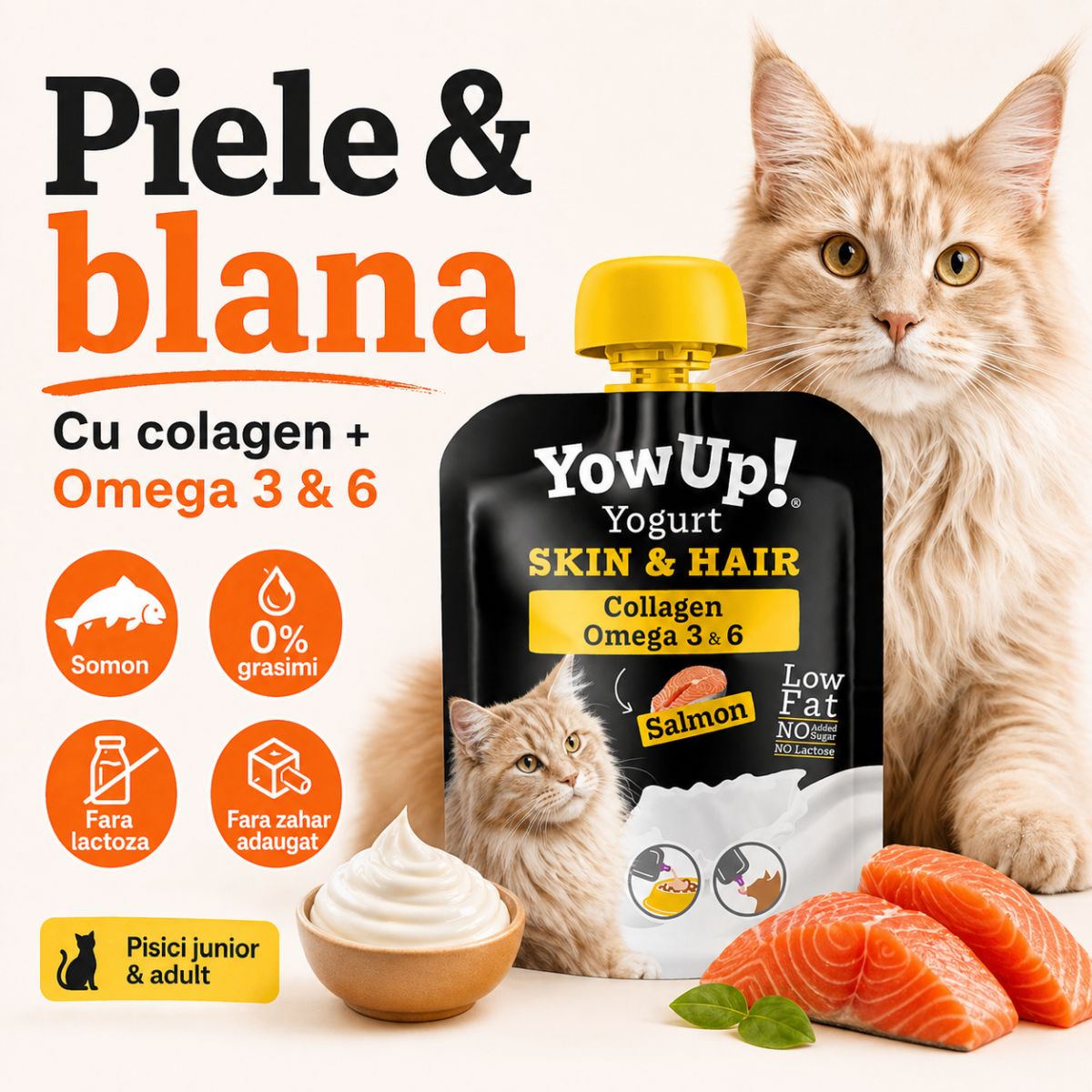 YOWUP! Yogurt Hair & Skin, Somon, recompense funcționale pisici junior & adult, piele & blană, (topping), 85g - poza 3