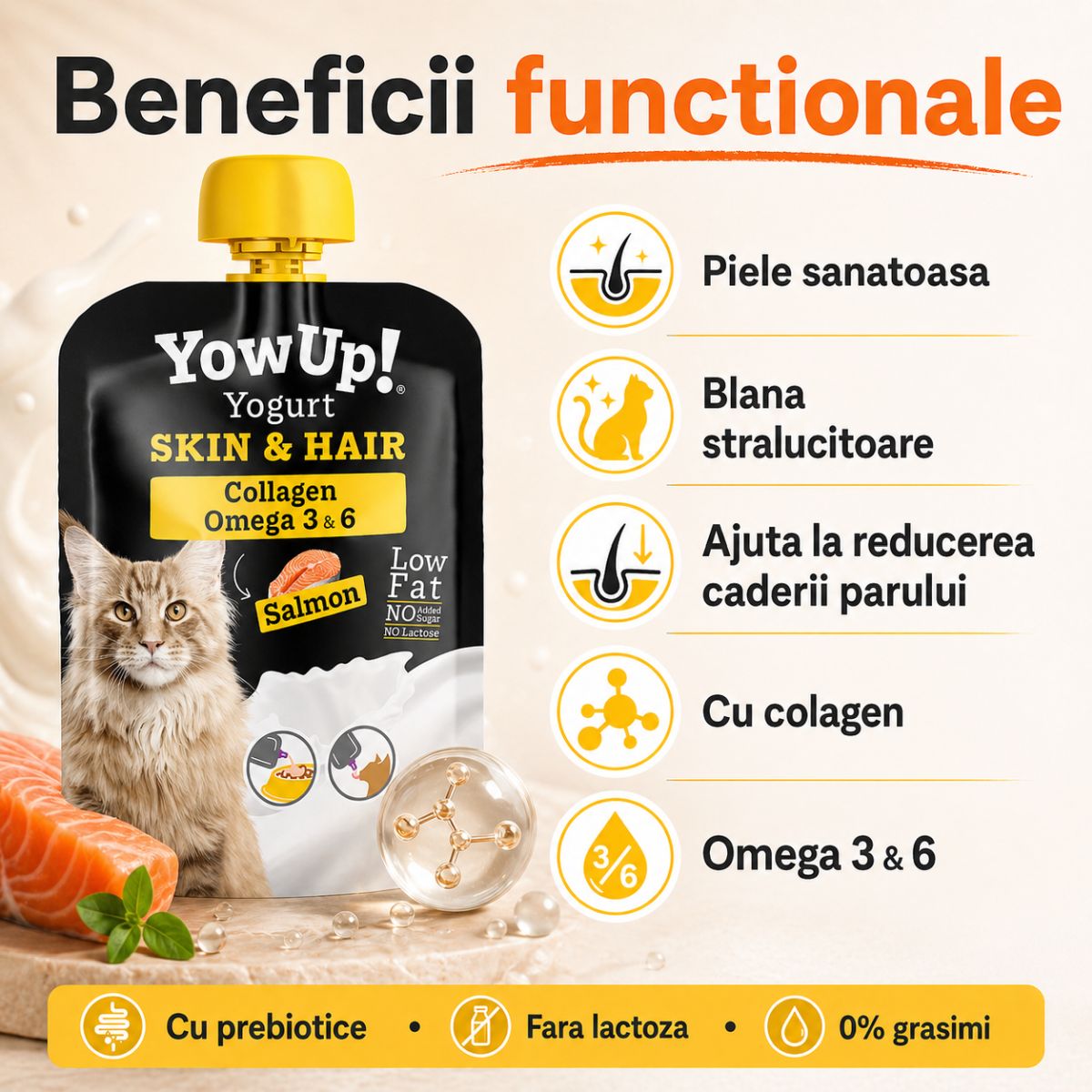 YOWUP! Yogurt Hair & Skin, Somon, recompense funcționale pisici junior & adult, piele & blană, (topping), 85g - poza 4