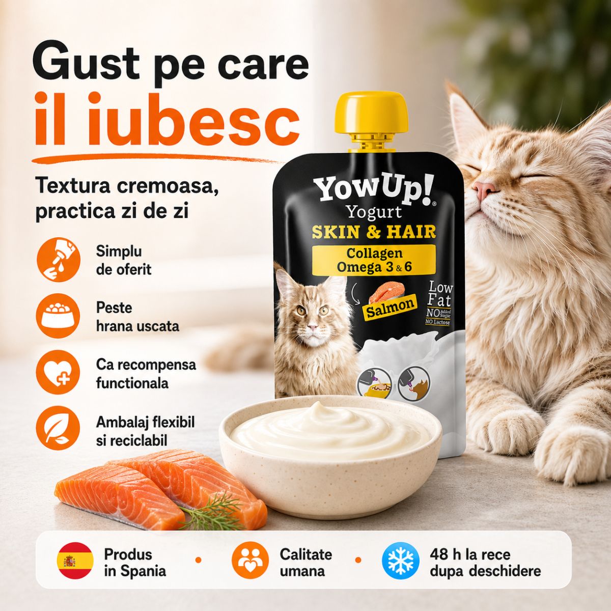 YOWUP! Yogurt Hair & Skin, Somon, recompense funcționale pisici junior & adult, piele & blană, (topping), 85g - poza 5