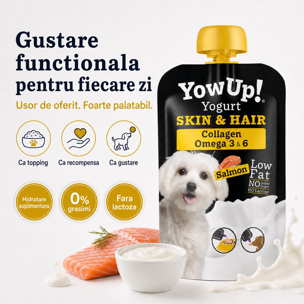 YOWUP! Yogurt Hair & Skin, XS-XL, Somon, recompense funcționale câini, piele & blană, (topping), 115g - poza 3