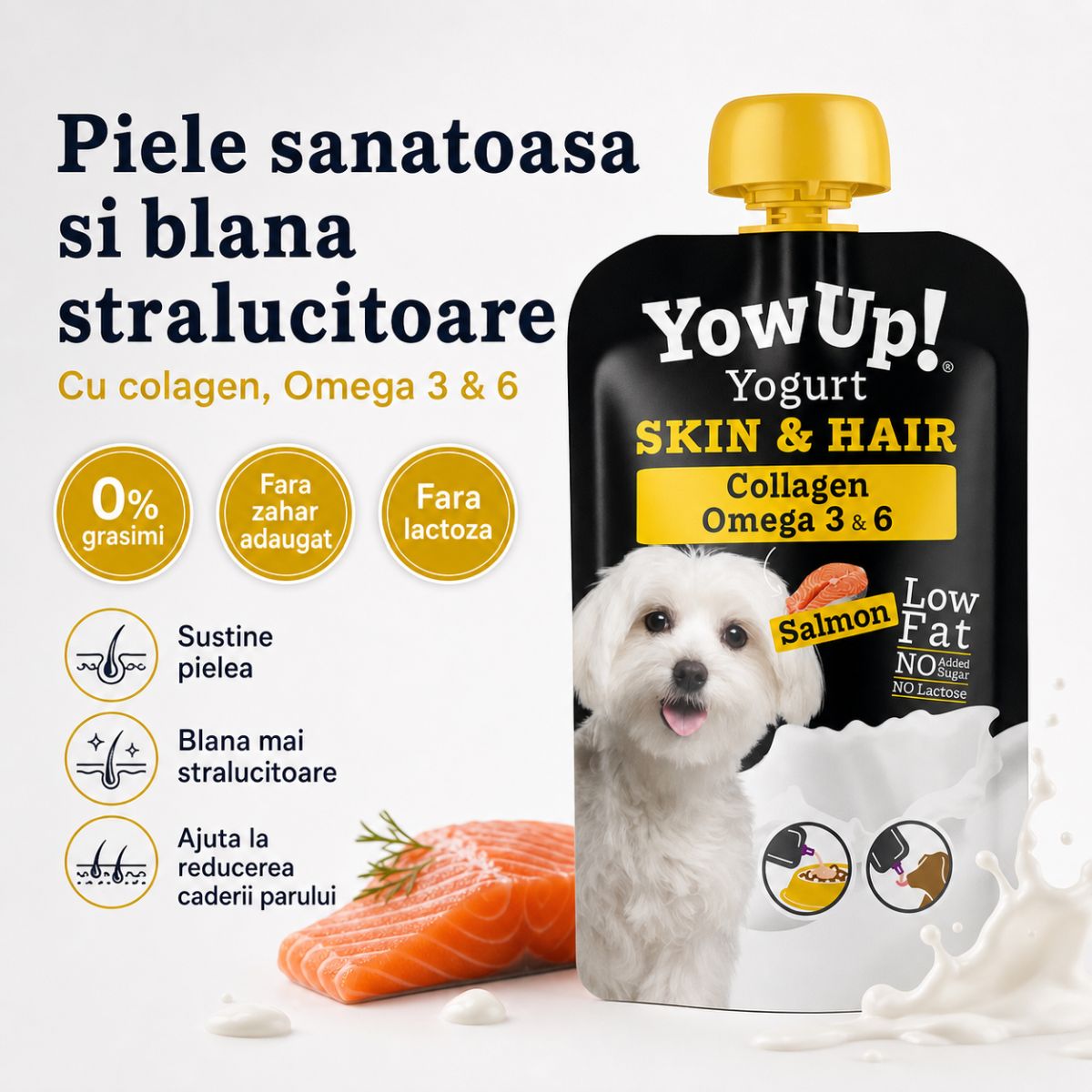 YOWUP! Yogurt Hair & Skin, XS-XL, Somon, recompense funcționale câini, piele & blană, (topping), 115g - poza 4