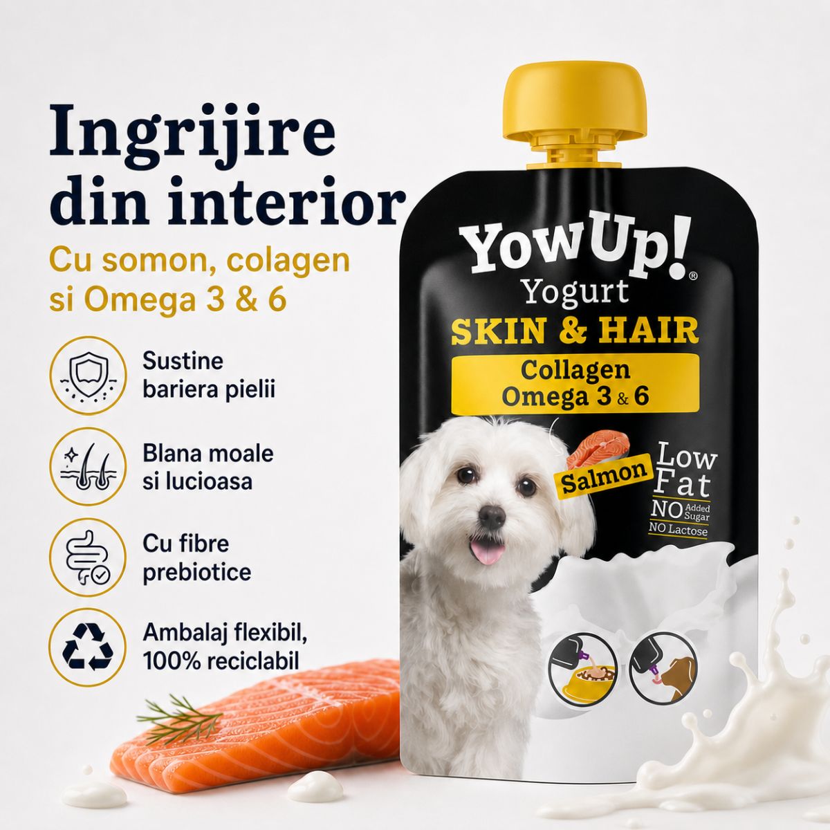 YOWUP! Yogurt Hair & Skin, XS-XL, Somon, recompense funcționale câini, piele & blană, (topping), 115g - poza 5